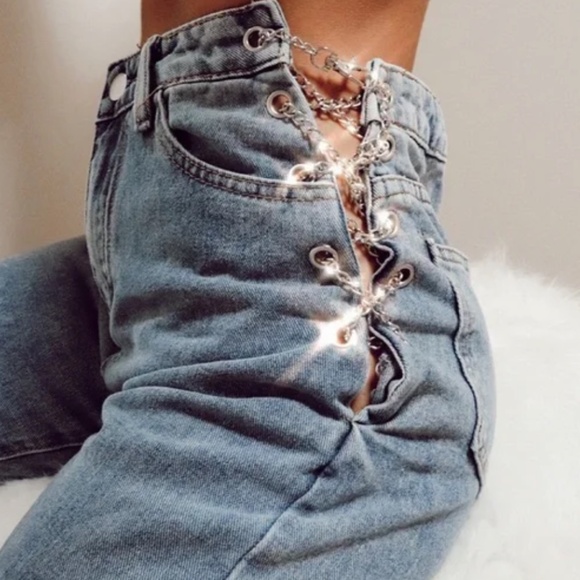 NWT Colorful Natalie Kyla Wide Leg Chain side lace-up jeans Size Large - Picture 2 of 5